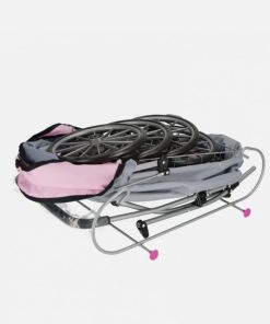 کالسکه چرخ‌دار نوزاد مناسب مسافرت Lovely Baby Stroller به حالت جمع‌شده با میله‌های فلزی.