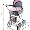 کالسکه نوزادی مقاوم با طراحی کلاسیک Lovely Baby Stroller خاکستری با بدنه فلزی و استایل اروپایی و نمایش ابعاد قسمتهای مختلف کالسکه.