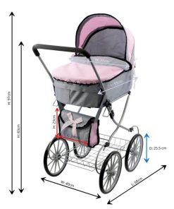 کالسکه نوزادی مقاوم با طراحی کلاسیک Lovely Baby Stroller خاکستری با بدنه فلزی و استایل اروپایی و نمایش ابعاد قسمتهای مختلف کالسکه.