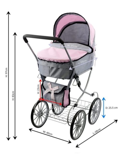 کالسکه نوزادی مقاوم با طراحی کلاسیک Lovely Baby Stroller خاکستری با بدنه فلزی و استایل اروپایی و نمایش ابعاد قسمتهای مختلف کالسکه.